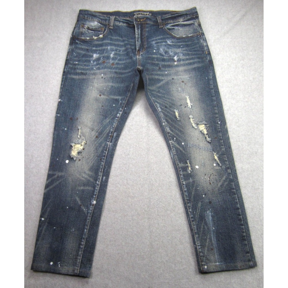 Mens‎ 38x27 Decibel Jeans Blue Paint Splatter Distressed Streetwear Hemmed READ